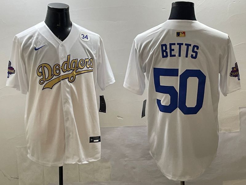 Men Los Angeles Dodgers 50 Betts White Champion gold character 2025 Nike MLB Jersey style 3314